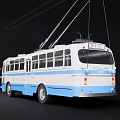 Vintage Blue And White Trolleybus With Overhead Wires On Black Background