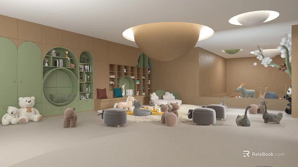 Cozy Kindergarten Interior With Soft Tones Plush Toys And Shelves 3d model 