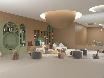 Cozy Kindergarten Interior With Soft Tones Plush Toys And Shelves 3d model