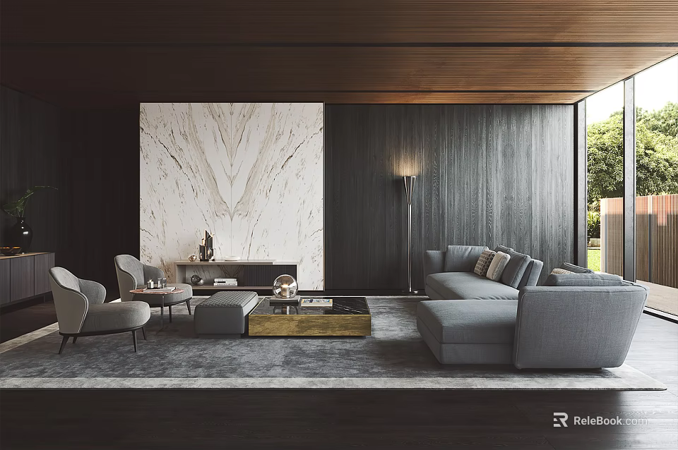 Modern Living Room Interior Design With Marble Wall Wooden Accents Gray Sofa And Floor Lamp 3d model 