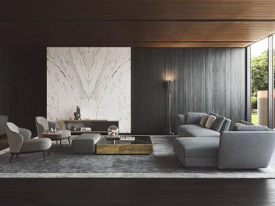 Modern Living Room Interior Design With Marble Wall Wooden Accents Gray Sofa And Floor Lamp 3d model