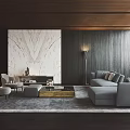 Modern Living Room Interior Design With Marble Wall Wooden Accents Gray Sofa And Floor Lamp
