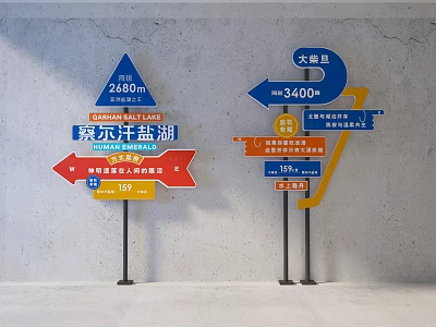 Colorful Direction Signs With Place Names And Distances Photo Check In Spot Gray Wall Background 3d model