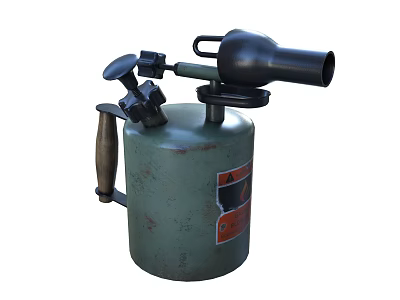 Industrial Equipment Featuring Green Tank Black Nozzle Wooden Handle And Safety Label 3d model