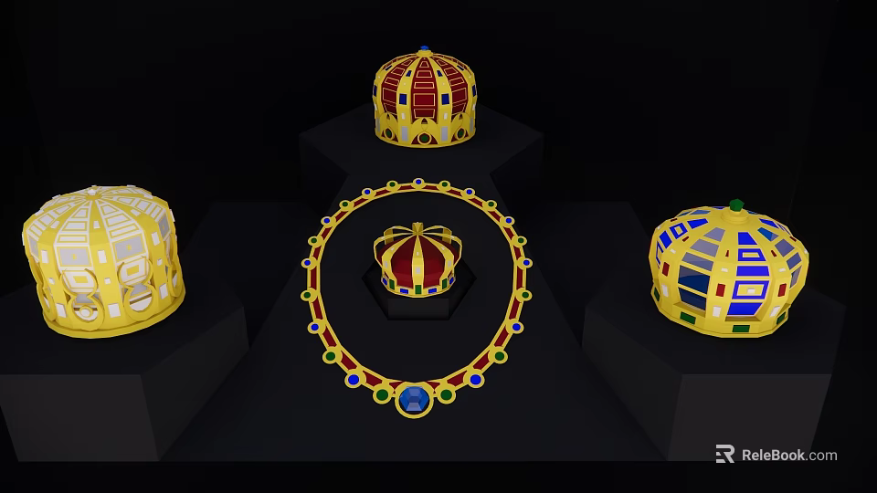 Golden Crowns And Necklace With Red Blue Green Gems On Black Display Stands 3d model 