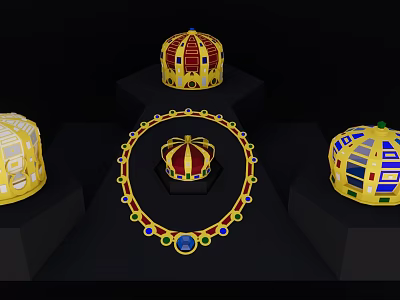 Golden Crowns And Necklace With Red Blue Green Gems On Black Display Stands 3d model