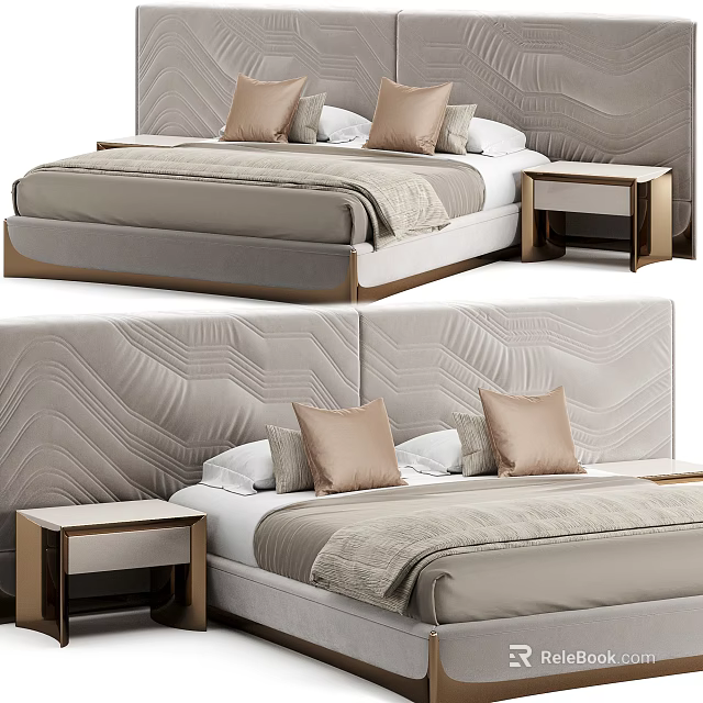 Elegant Modern Double Bed With Textured Headboard Gold Nightstand And Plush Pillows 3d model 