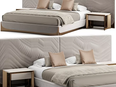Elegant Modern Double Bed With Textured Headboard Gold Nightstand And Plush Pillows 3d model