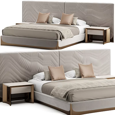 Elegant Modern Double Bed With Textured Headboard Gold Nightstand And Plush Pillows 3d model