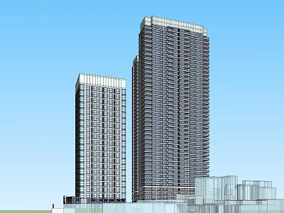 Modern High Rise Buildings With Glass Facades And Lower Base Structures 3d model