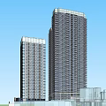 Modern High Rise Buildings With Glass Facades And Lower Base Structures