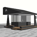 Modern M Stand Architectural Space With Black Roof Trees And Outdoor Bench Pedestrians