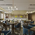 Elegant Modern Restaurant Interior With Chandeliers Dining Tables And Marble Bar Counter