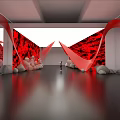 Art Installation Featuring Red Wavy Structures Red Background Wall And Spherical Elements In Indoor Space 3d model