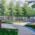 Modern Park Landscape Design With Circular Yellow Blue Patterns Trees And Curved Paths 3d model
