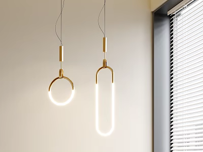 Modern Gold Pendant Lights With Circular And Linear Illuminated Design Near Window Blinds 3d model