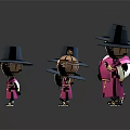 Cartoon Characters In Red Outfits With Wide Brimmed Hats And Various Poses