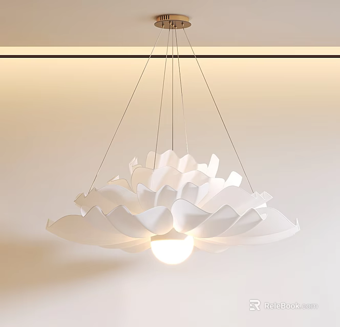 White Petal Shaped Modern Chandelier Hanging From Ceiling With Illuminated Central Bulb 3d model 