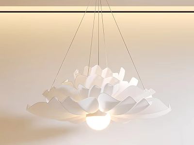White Petal Shaped Modern Chandelier Hanging From Ceiling With Illuminated Central Bulb 3d model