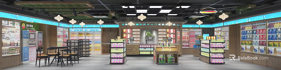 Traditional Style Department Store Interior With Lanterns Shelves Cash Registers And Product Displays 3d model 
