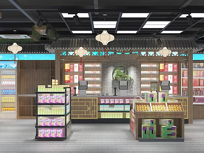 Traditional Style Department Store Interior With Lanterns Shelves Cash Registers And Product Displays 3d model