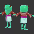 Green Frog Characters in White Robes with Blue Sashes Standing with Outstretched Arms