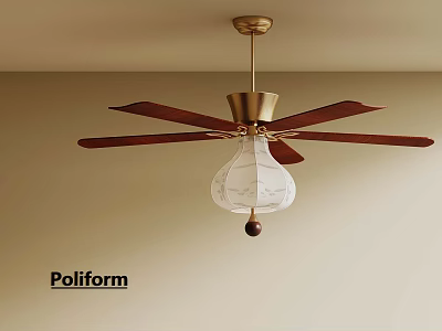 Poliform Modern Ceiling Fan With Wooden Blades And Glass Light Shade 3d model