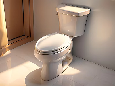 Modern White Ceramic Toilet in Clean Bright Bathroom With Tiled Floor 3d model