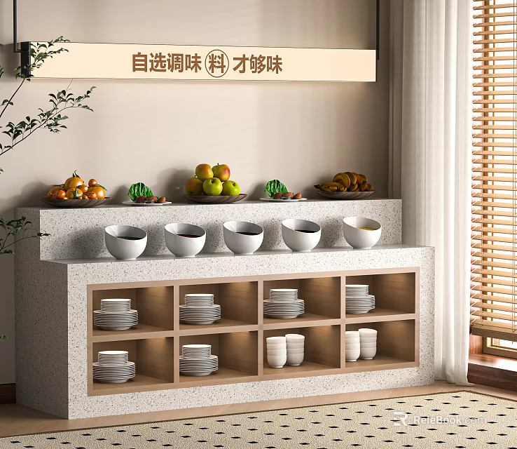 Self Service Seasoning Station With White Condiment Bowls And Fresh Fruits 3d model 
