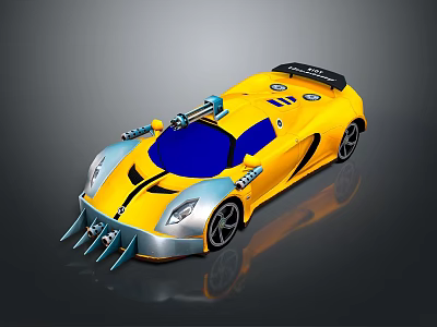 Yellow Sports Car with Blue Window Spiked Front Design Black Stripe and Rear Spoiler 3d model