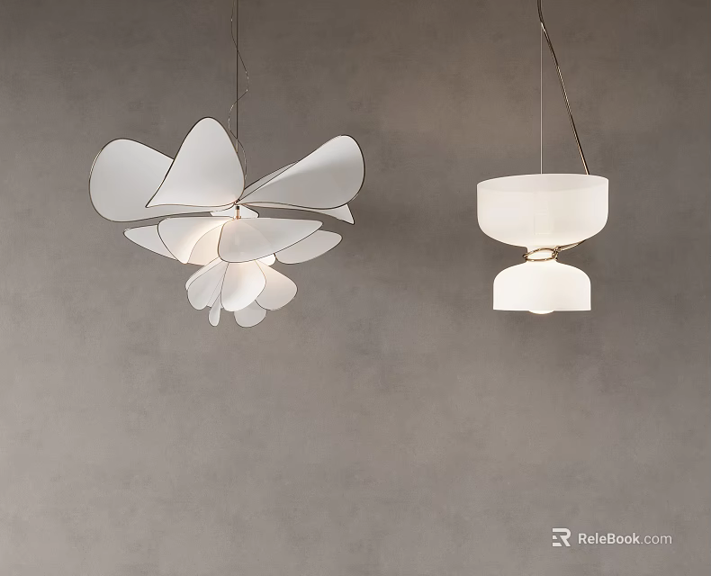 Two Modern White Chandeliers with Petal Shaped and Round Double Layer Design for Interior Decor 3d model 