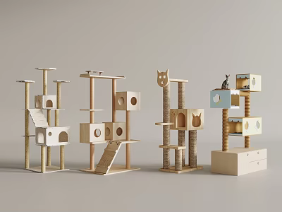 Modern Wooden Cat Trees with Platforms Perches Scratching Posts and Cubby Holes 3d model