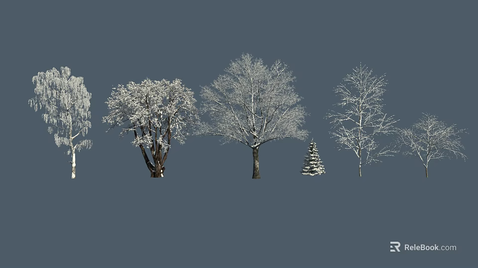Snow Covered Deciduous Trees with Branches in Various Forms Against Gray Background 3d model 