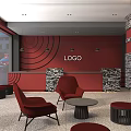 Modern Café Interior With Red Wall Logo Red Chairs Circular Patterns And City View Window 3d model