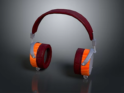Modern Computer Headphones With Red Leather Headband And Orange Ear Cushions 3d model