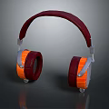 Modern Computer Headphones With Red Leather Headband And Orange Ear Cushions