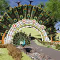 Peacock Feather Decorated Arched Entrance Gate With Grass Trees Stone Pathway And People Walking