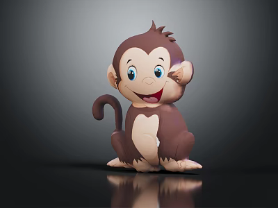 Black Wooden Table With Brown Monkey Doll Decoration On Reflective Surface 3d model