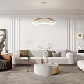 Modern Living Room Interior Design With White Sofa Brown Armchair And Circular Pendant Light