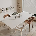Modern Dining Table Set with Brown White Chairs Green Plant Vase and Wooden Floor