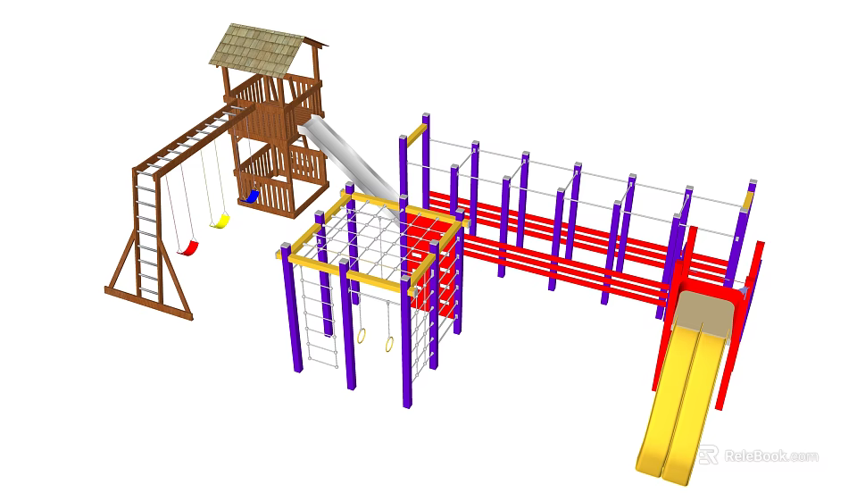 Playground Equipment With Wooden Structure Swings Slide And Colorful Climbing Net 3d model 