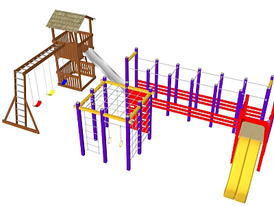 Playground Equipment With Wooden Structure Swings Slide And Colorful Climbing Net 3d model