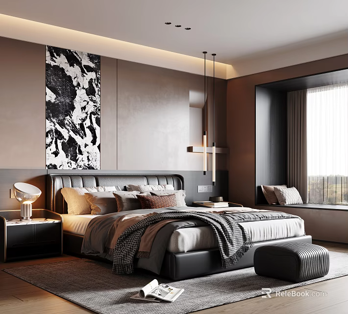 Modern Bedroom Interior With Large Bed Artwork Pendant Light Window Seat And Rug 3d model 