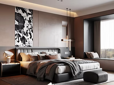 Modern Bedroom Interior With Large Bed Artwork Pendant Light Window Seat And Rug 3d model