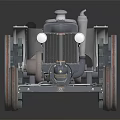 Vintage Tractor With Large Wheels Exposed Mechanical Engine And Metal Body
