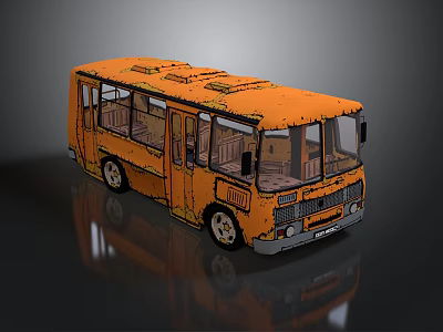 Orange Vintage Bus Model with Windows and Doors on Dark Reflective Background 3d model