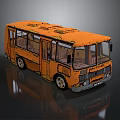 Orange Vintage Bus Model with Windows and Doors on Dark Reflective Background