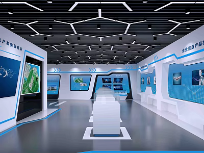 Modern Tech Exhibition Hall With Geometric Ceiling Lights Blue White Display Panels And Central Platform 3d model