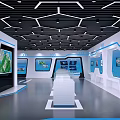Modern Tech Exhibition Hall With Geometric Ceiling Lights Blue White Display Panels And Central Platform