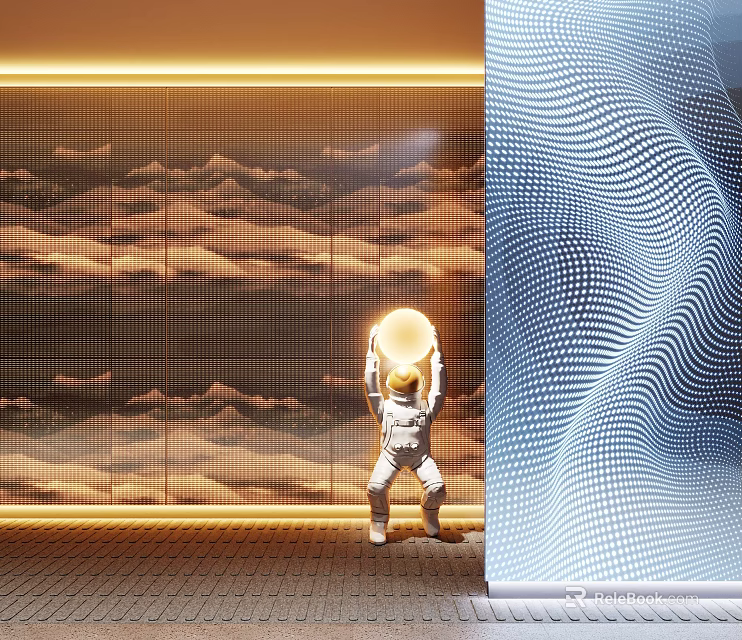 Decorative Modern Wall Panel Design With Wavy Pattern Background And Astronaut Figure Golden Lighting 3d model